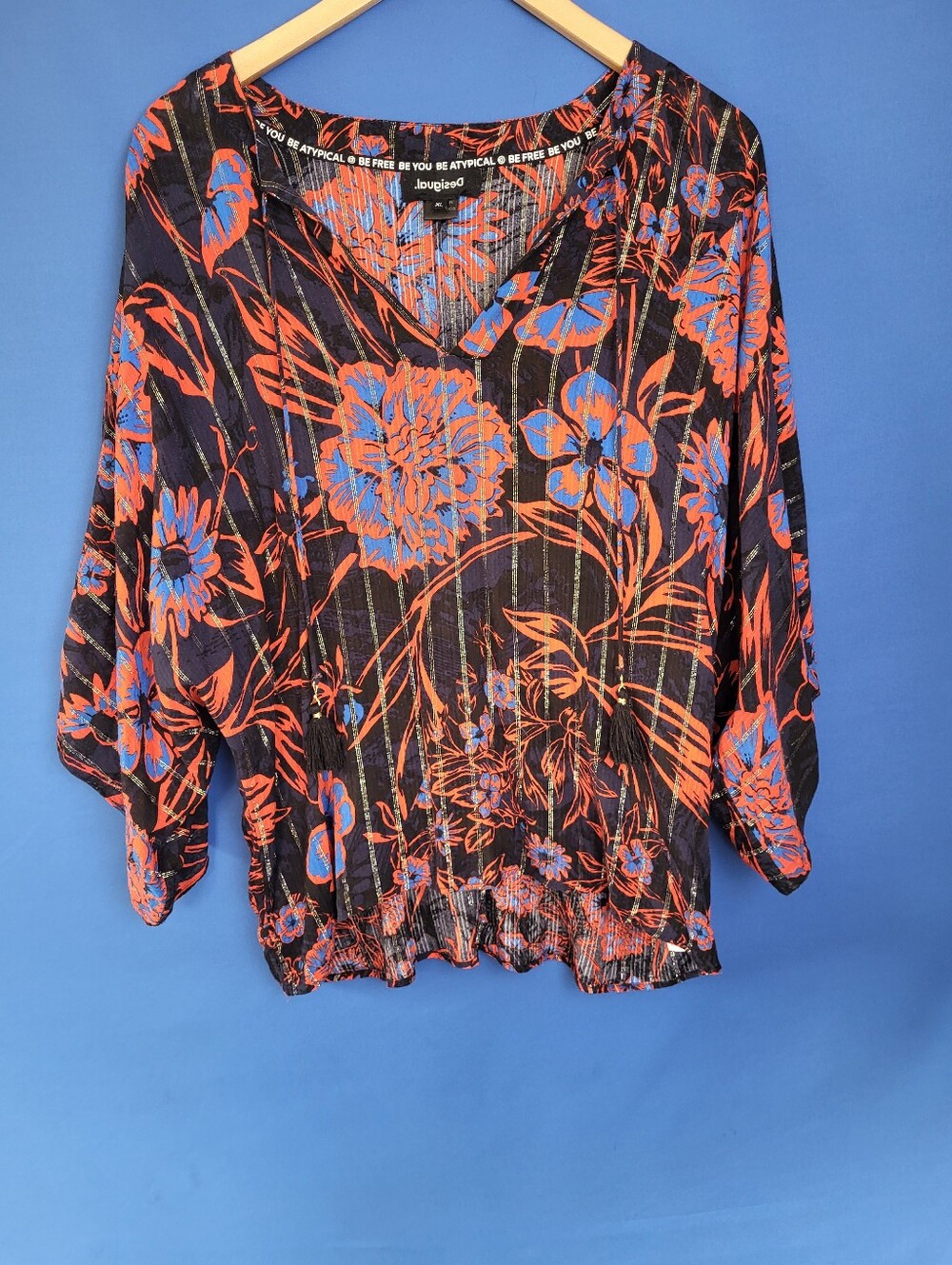 Desigual Red Blue Metallic Accents XL Blouse Bohemian Ties 3/4 Dolman Sleeves